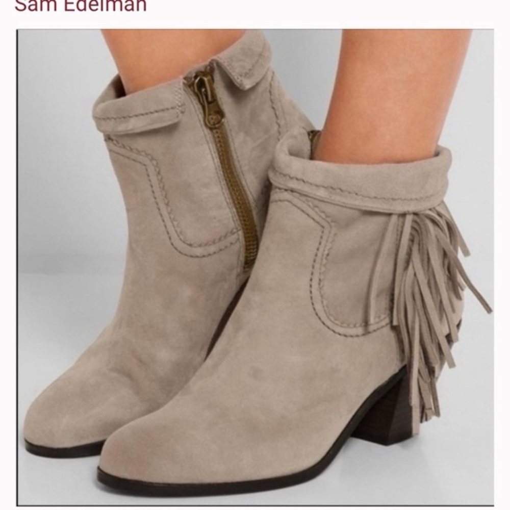Sam Edelman Women's Louie Ankle Fringe Bootie Tan, Grey Taupe Suede 7.5